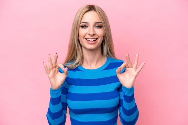 Pretty Blonde Woman Isolated Pink Background Showing Sign Two Hands — Foto de Stock
