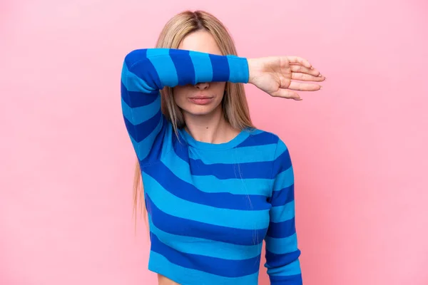Pretty Blonde Woman Isolated Pink Background Covering Eyes Hands — Stockfoto