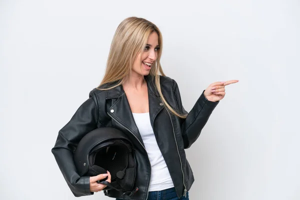 Pretty Blonde Woman Motorcycle Helmet Isolated White Background Pointing Finger — Foto de Stock