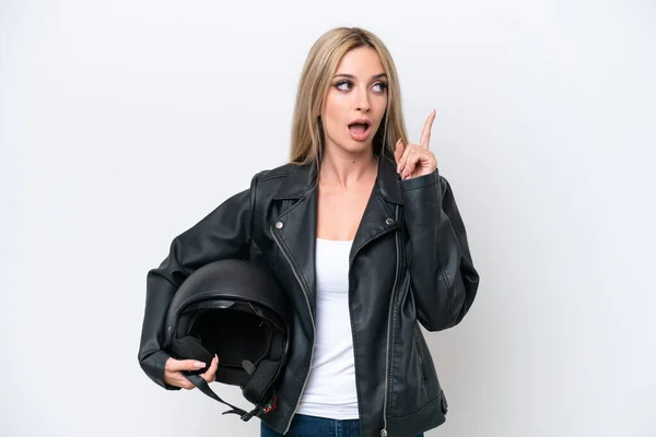 Pretty Blonde Woman Motorcycle Helmet Isolated White Background Thinking Idea — ストック写真