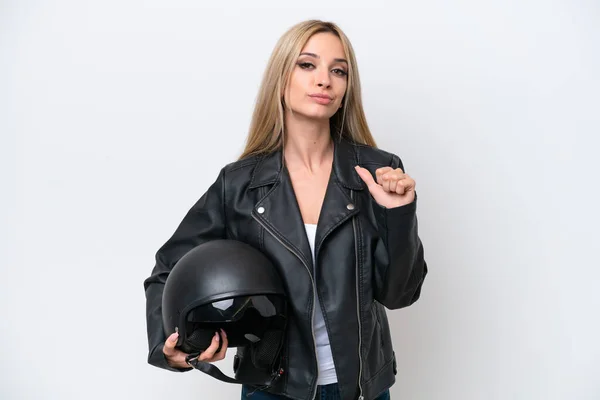 Pretty Blonde Woman Motorcycle Helmet Isolated White Background Proud Self — ストック写真