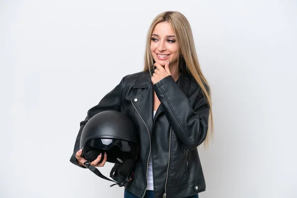 Pretty Blonde Woman Motorcycle Helmet Isolated White Background Looking Side — ストック写真