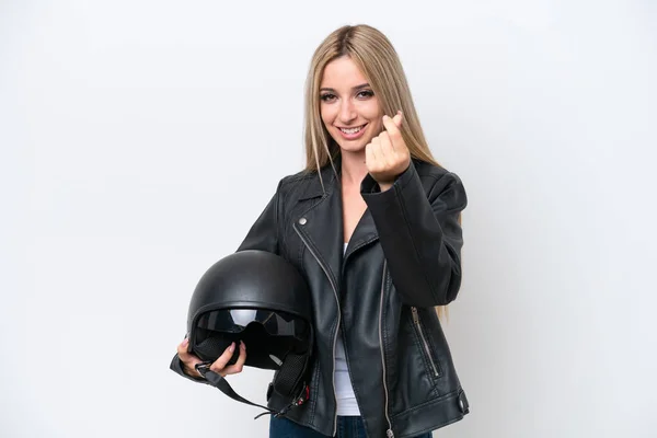 Pretty Blonde Woman Motorcycle Helmet Isolated White Background Making Money — ストック写真