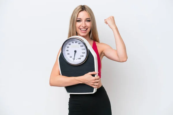 Pretty Blonde Woman Isolated White Background Weighing Machine Doing Victory — Stok fotoğraf