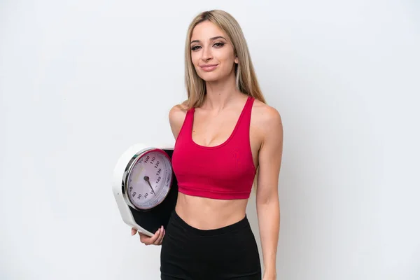 Pretty Blonde Woman Isolated White Background Weighing Machine — Foto Stock