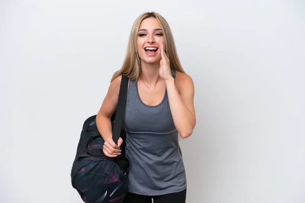 Young Sport Woman Sport Bag Isolated White Background Shouting Mouth — Stok fotoğraf