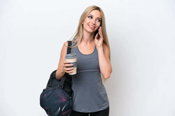 Young Sport Woman Sport Bag Isolated White Background Holding Coffee — ストック写真