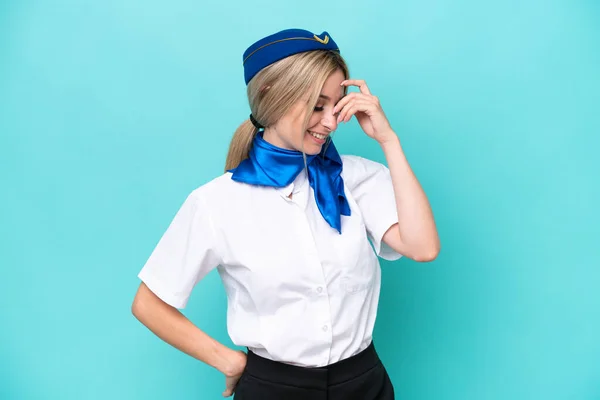 Airplane Blonde Stewardess Woman Isolated Blue Background Laughing — Stock Photo, Image