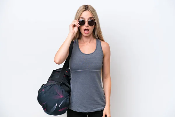 Young Sport Woman Sport Bag Isolated White Background Glasses Surprised — Stock fotografie