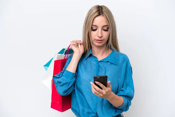 Pretty Blonde Woman Isolated White Background Holding Shopping Bags Writing — Stockfoto