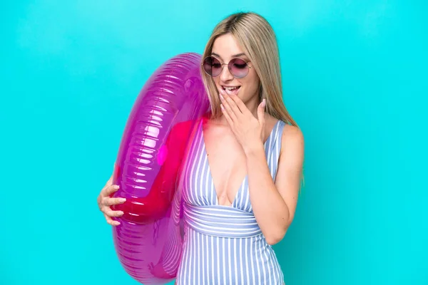 Blonde Woman Swimsuit Holding Air Mattress Donut Isolated Blue Background — Fotografia de Stock