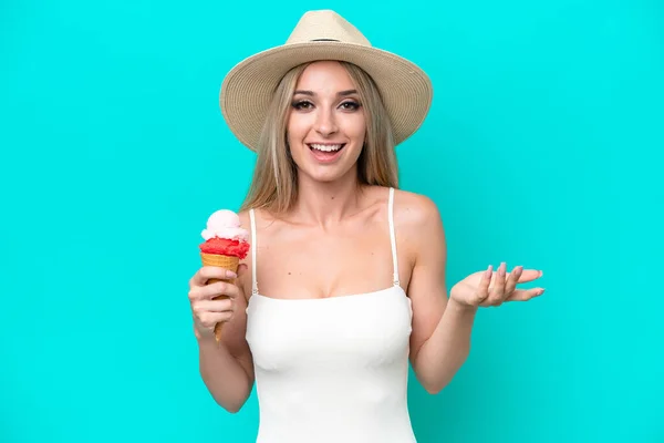 Blonde Woman Swimsuit Holding Ice Cream Isolated Blue Background Shocked — 스톡 사진