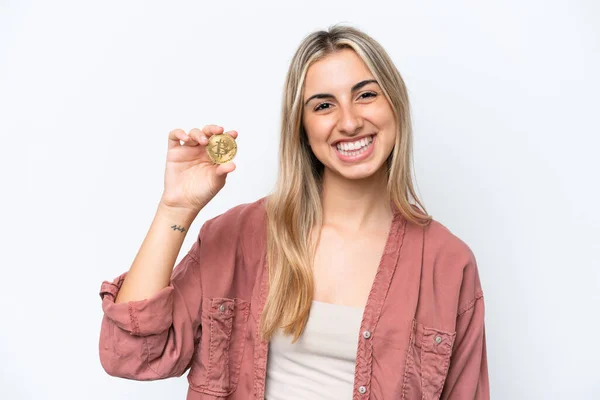 Young Caucasian Woman Holding Bitcoin Isolated White Background Smiling Lot — стокове фото