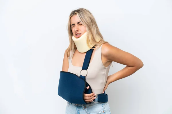 Woman Broken Arm Wearing Sling Isolated White Background Suffering Backache —  Fotos de Stock