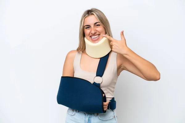 Woman Broken Arm Wearing Sling Isolated White Background Giving Thumbs —  Fotos de Stock
