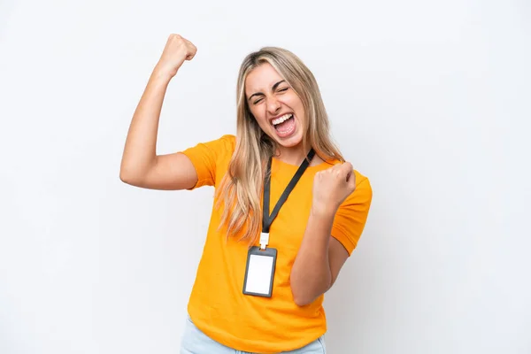 Young Caucasian Woman Card Isolated White Background Celebrating Victory —  Fotos de Stock