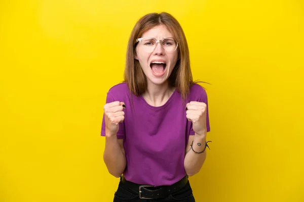 Young English Woman Isolated Yellow Background Frustrated Bad Situation — Stock Photo, Image