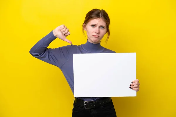 Young English Woman Isolated Yellow Background Holding Empty Placard Doing — 图库照片