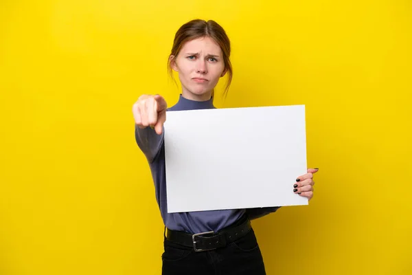 Young English Woman Isolated Yellow Background Holding Empty Placard Pointing — Φωτογραφία Αρχείου