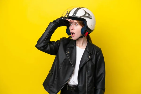 Young English Woman Motorcycle Helmet Isolated Yellow Background Doing Surprise — стоковое фото