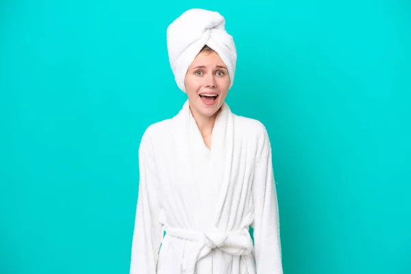 Young Woman Bathrobe Isolated Blue Background Surprise Facial Expression — ストック写真