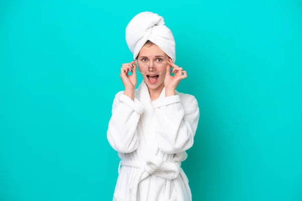 Young Woman Bathrobe Isolated Blue Background Glasses Surprised — 图库照片