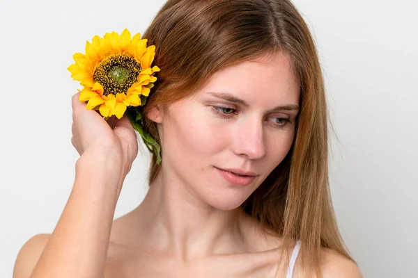 Young English Woman Holding Sunflower Close Portrait — Stock Fotó