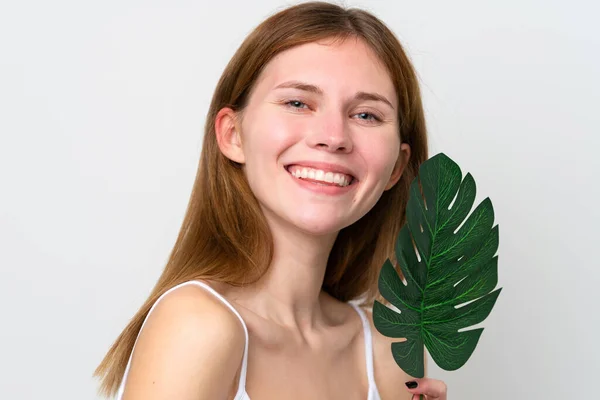 Young English Woman Holding Palm Leaf Happy Expression Close Portrait — 스톡 사진