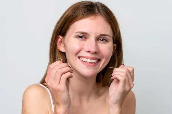 Young English Woman Using Dental Floss Happy Expression Close Portrait — Foto de Stock