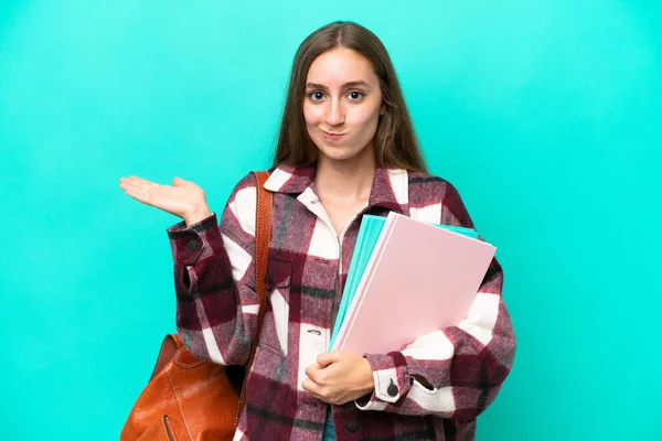 Young Student Caucasian Woman Isolated Blue Background Having Doubts While — Stockfoto