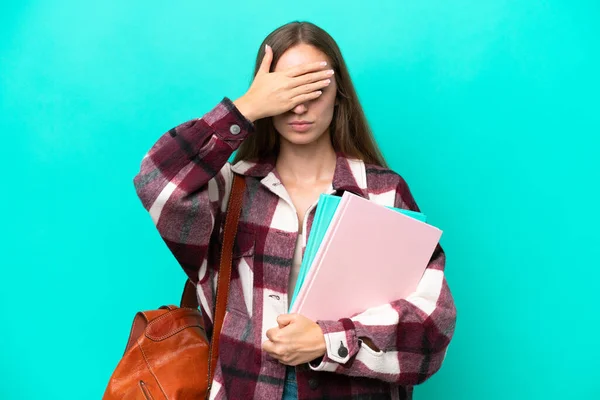 Young Student Caucasian Woman Isolated Blue Background Covering Eyes Hands — Fotografia de Stock