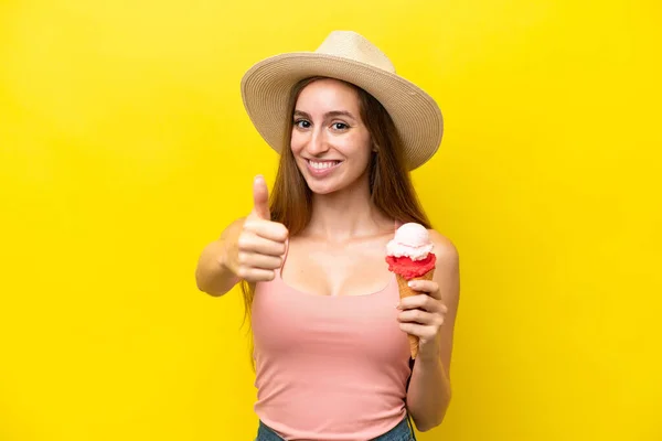 Young Caucasian Cornet Ice Cream Isolated Yellow Background Thumbs Because — Φωτογραφία Αρχείου