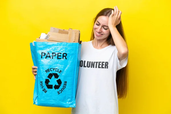 Young Caucasian Woman Holding Recycling Bag Full Paper Recycle Isolated — Foto Stock