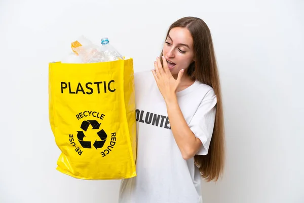 Young Caucasian Woman Holding Bag Full Plastic Bottles Recycle Isolated — Stock Photo, Image