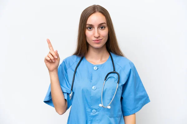 Jonge Verpleegster Vrouw Geïsoleerd Witte Achtergrond Wijzen Met Wijsvinger Een — Stockfoto