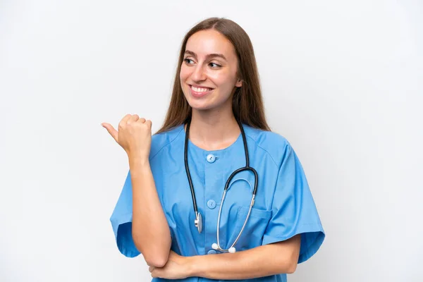 Young Nurse Woman Isolated White Background Pointing Side Present Product — Stockfoto