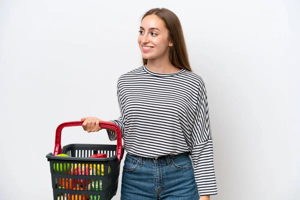 Young Rumanian Woman Holding Shopping Basket Full Food Isolated White — Stock Photo, Image