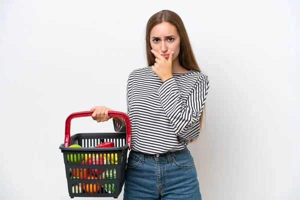 Young Rumanian Woman Holding Shopping Basket Full Food Isolated White — 스톡 사진