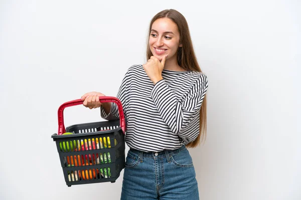 Young Rumanian Woman Holding Shopping Basket Full Food Isolated White — Stock Photo, Image