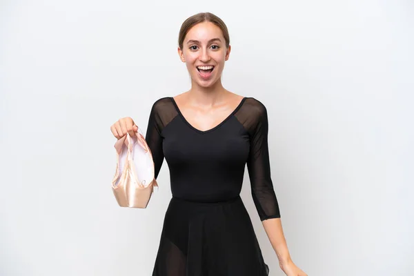 Young Caucasian Woman Practicing Ballet Isolated White Background Surprise Facial — стоковое фото