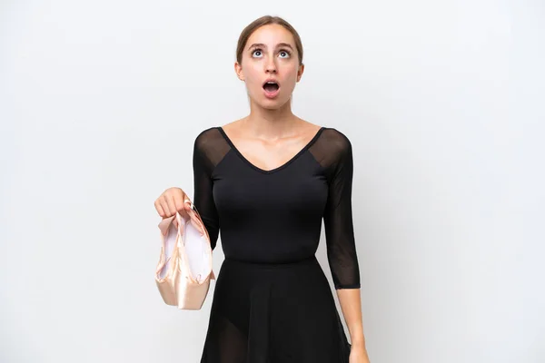 Young Caucasian Woman Practicing Ballet Isolated White Background Looking Surprised — Fotografia de Stock