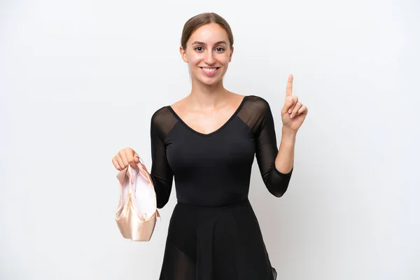 Young Caucasian Woman Practicing Ballet Isolated White Background Showing Lifting — 图库照片