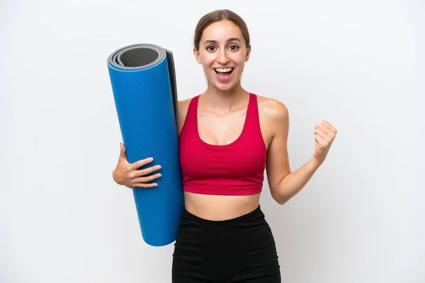 Young Sport Caucasian Woman Going Yoga Classes While Holding Mat — Foto Stock