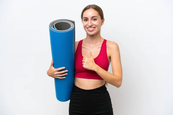 Young Sport Caucasian Woman Going Yoga Classes While Holding Mat — Φωτογραφία Αρχείου