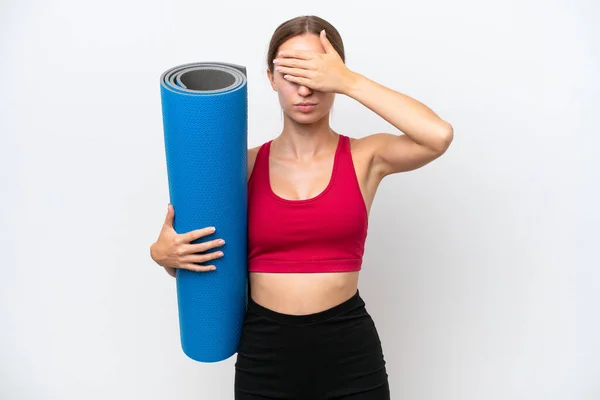 Young Sport Caucasian Woman Going Yoga Classes While Holding Mat —  Fotos de Stock