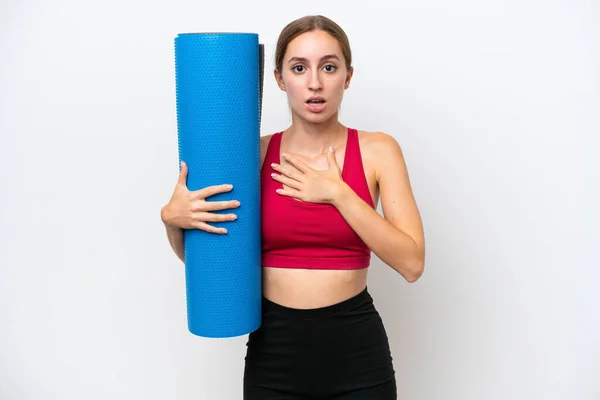 Young Sport Caucasian Woman Going Yoga Classes While Holding Mat — Foto Stock