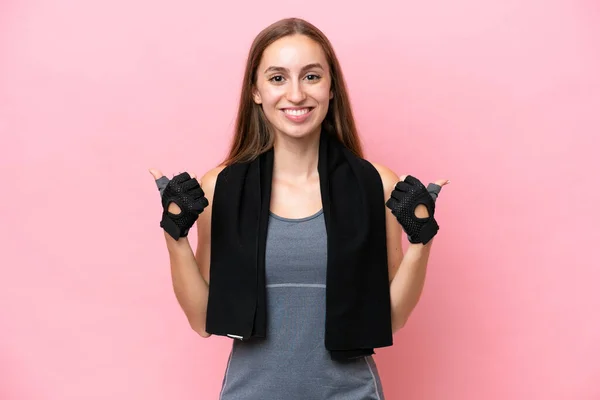 Young Sport Caucasian Woman Wearing Towel Isolated Pink Background Thumbs — Φωτογραφία Αρχείου