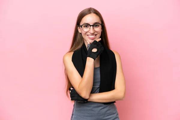 Young Sport Caucasian Woman Wearing Towel Isolated Pink Background Glasses — Φωτογραφία Αρχείου