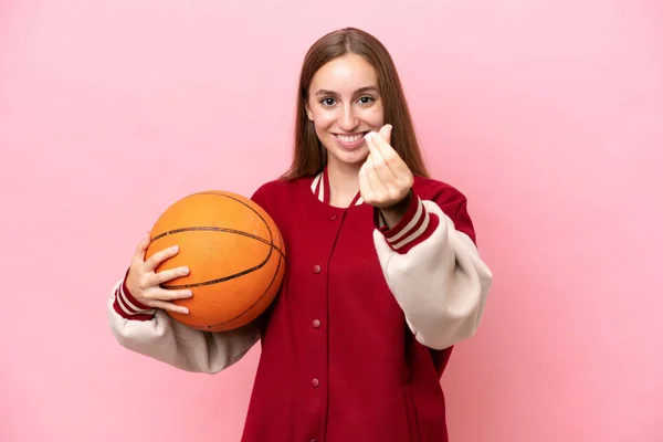 Young Caucasian Basketball Player Woman Isolated Pink Background Making Money — Stock Fotó