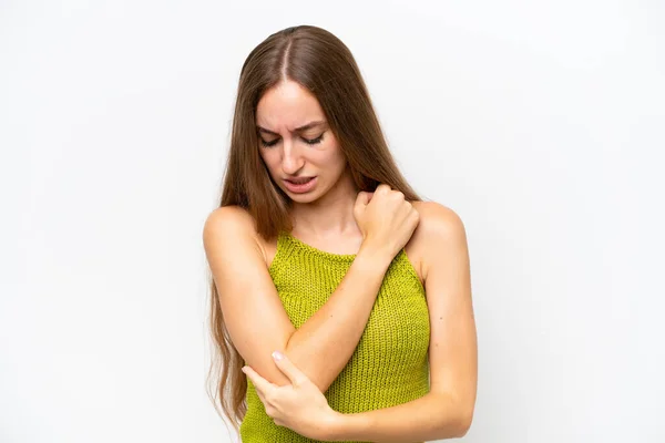 Νεαρή Καυκάσια Γυναίκα Απομονωμένη Λευκό Φόντο Πόνο Στον Αγκώνα — Φωτογραφία Αρχείου